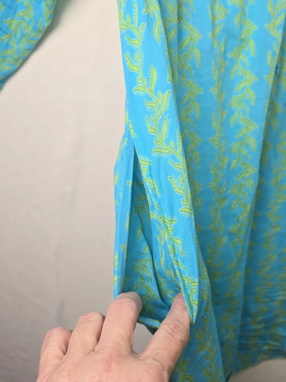 GRETCHEN SCOTT V-NECK TUNIC DRESS AQUA BLUE LIME GREEN  BOHO BEACH WOMENS MED - Picture 7 of 10
